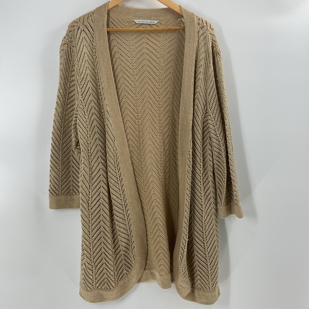 Peter Nygard Metallic Gold Shimmer Long Knit Duster Drape Front Close Flowing
